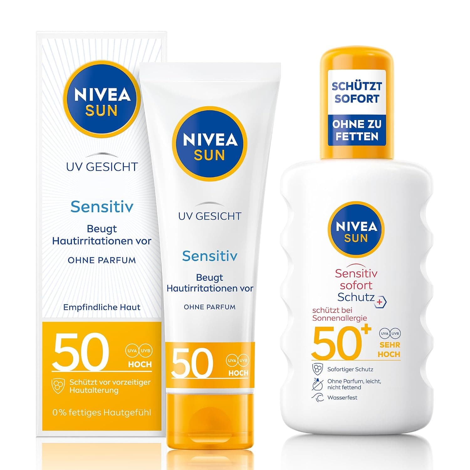 Weiße NIVEA SUN Faltschachtel und Tube UV Gesicht Sensitiv mit gelbem Feld und der Zahl 50, daneben eine weiße Sprayflasche mit gelbem Deckel, darauf gedruckt Sensitiv sofort Schutz und LSF 50 plus