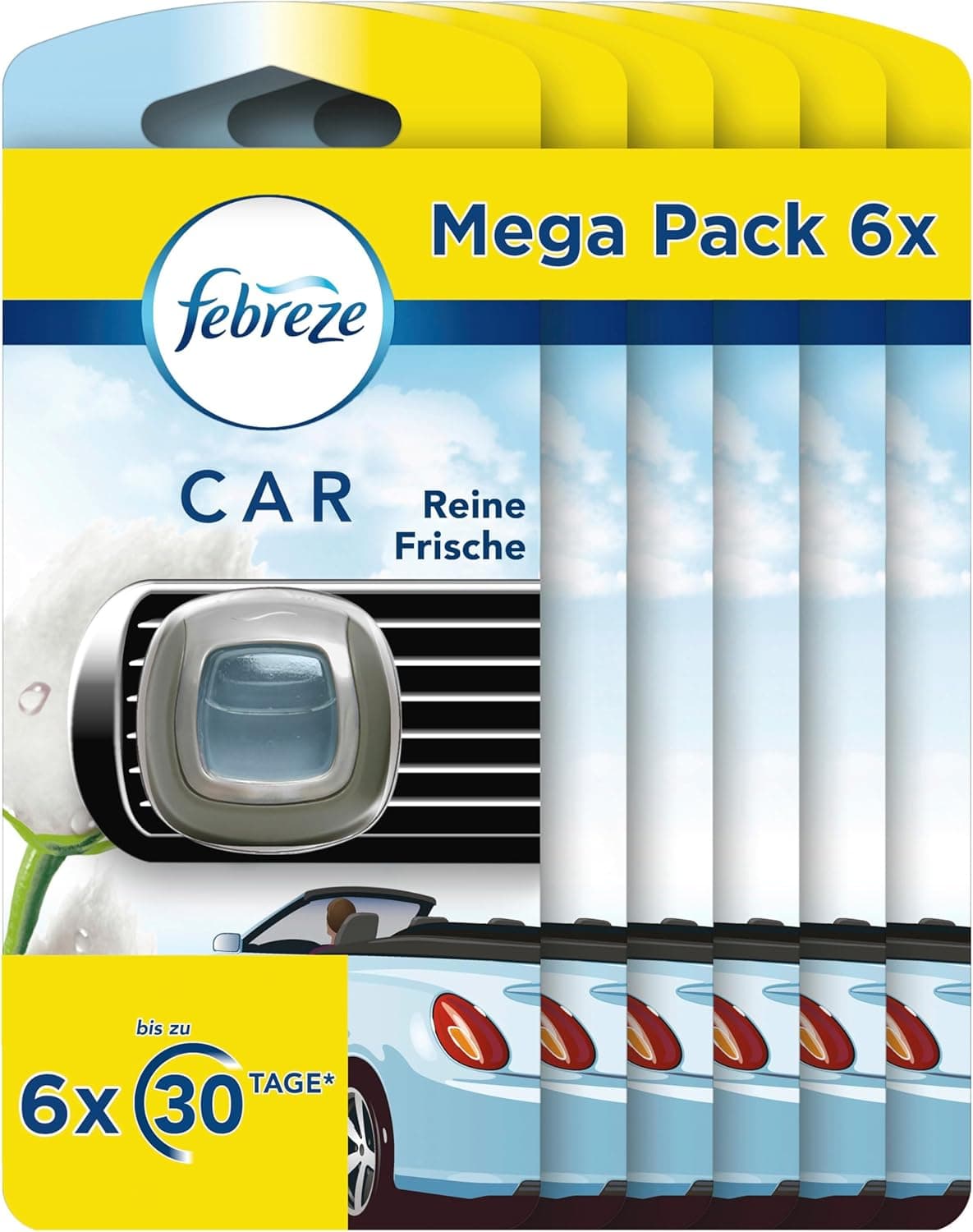 Gelb-blaue Blisterkarte mit dem Febreze-Logo und der Aufschrift CAR Reine Frische, abgebildet ein Duftclip an einem Lüftungsgitter, dahinter fünf weitere Karten, oben das Feld Mega Pack 6x und unten die Angabe 6x bis zu 30 Tage