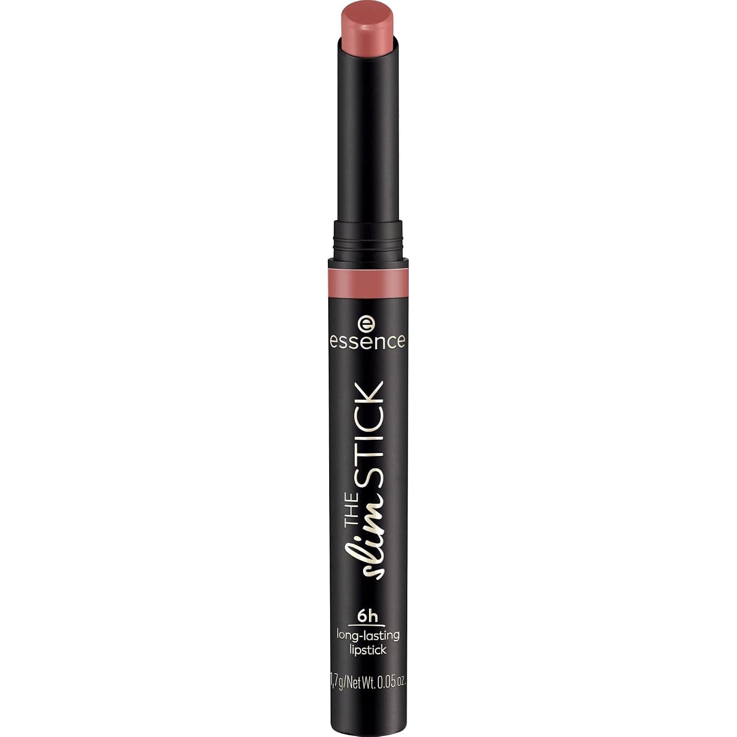 Schmaler schwarzer Lippenstift mit ausgefahrener altrosafarbener Mine, Aufschrift essence, THE slim STICK, 6h long-lasting lipstick und 1,7 g
