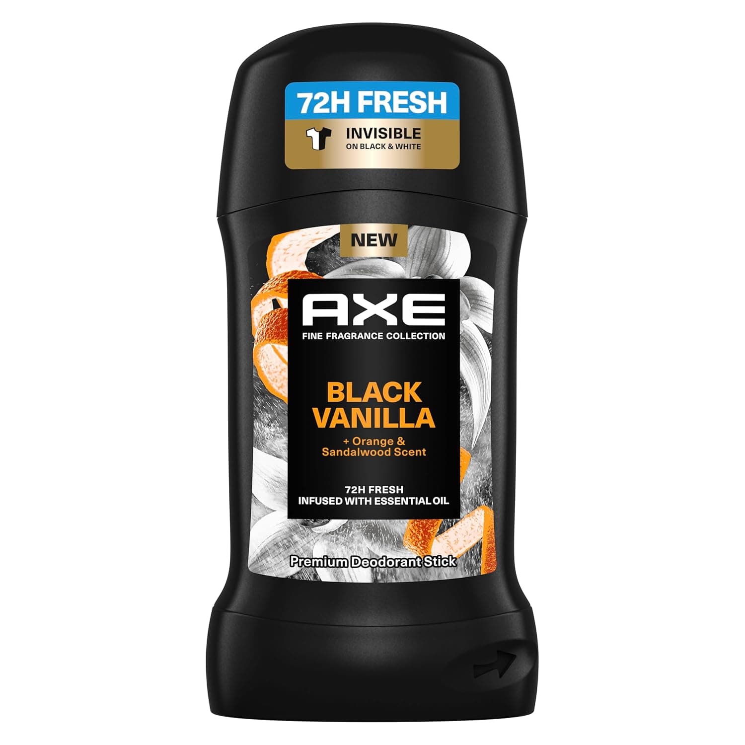 Schwarzer Axe Premium Deostick Black Vanilla mit orangefarbener Beschriftung und dem Hinweis auf 72 Stunden Frische