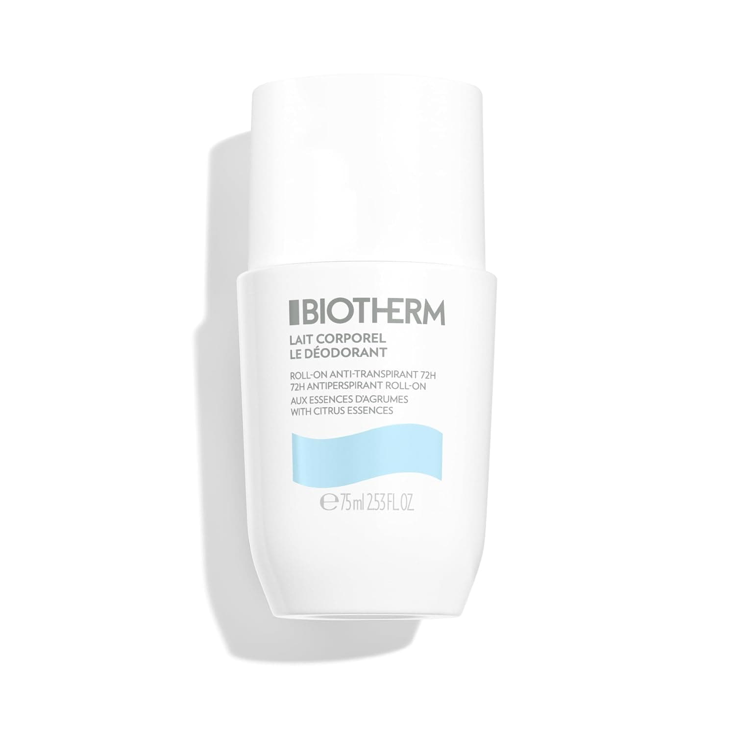 Weißer Roll-on mit hoher Kappe, grauem Biotherm-Schriftzug, den Zeilen Lait Corporel Le Déodorant, Roll-on Anti-Transpirant 72H und aux essences d'agrumes sowie der Angabe 75 ml