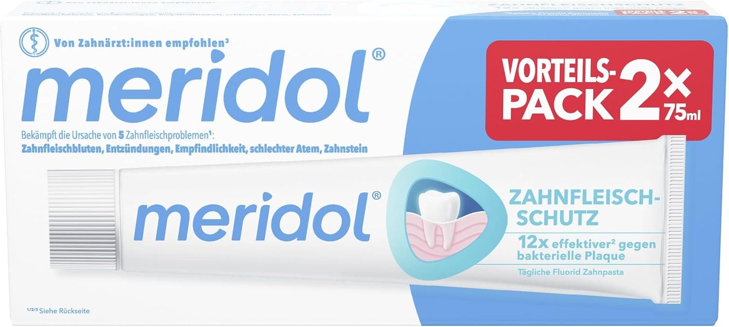 Weiß-blaue Faltschachtel von meridol mit abgebildeter Tube, Aufschrift Zahnfleischschutz, 12x effektiver gegen bakterielle Plaque, Vorteilspack 2 x 75 ml und die Zeile bekämpft die Ursache von 5 Zahnfleischproblemen