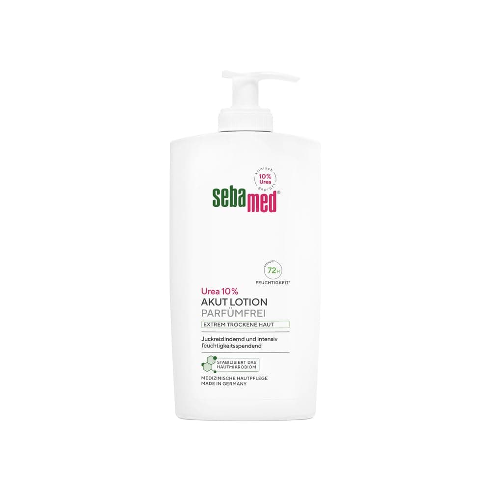 Weiße Pumpflasche der Sebamed Urea 10% Akut Lotion parfümfrei mit rot-grünem sebamed-Schriftzug und dem Aufdruck extrem trockene Haut, 400 Milliliter