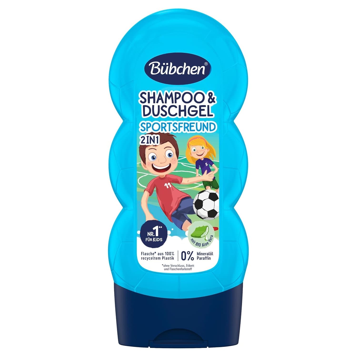 Hellblaue Bübchen-Flasche mit Fußballmotiv und der Aufschrift Shampoo und Duschgel Sportsfreund 2in1, mit Bio Aloe Vera