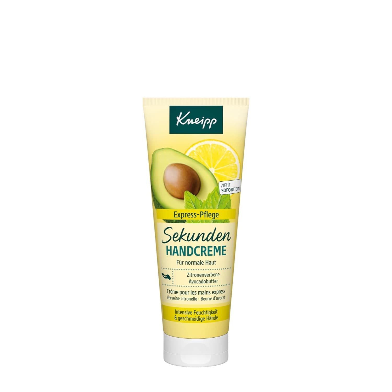 Gelbe Tube mit grünem Kneipp-Logo, aufgedruckter halber Avocado, Zitronenscheibe und Minzblättern, den Zeilen Express-Pflege, Sekunden Handcreme, für normale Haut, Zitronenverbene und Avocadobutter