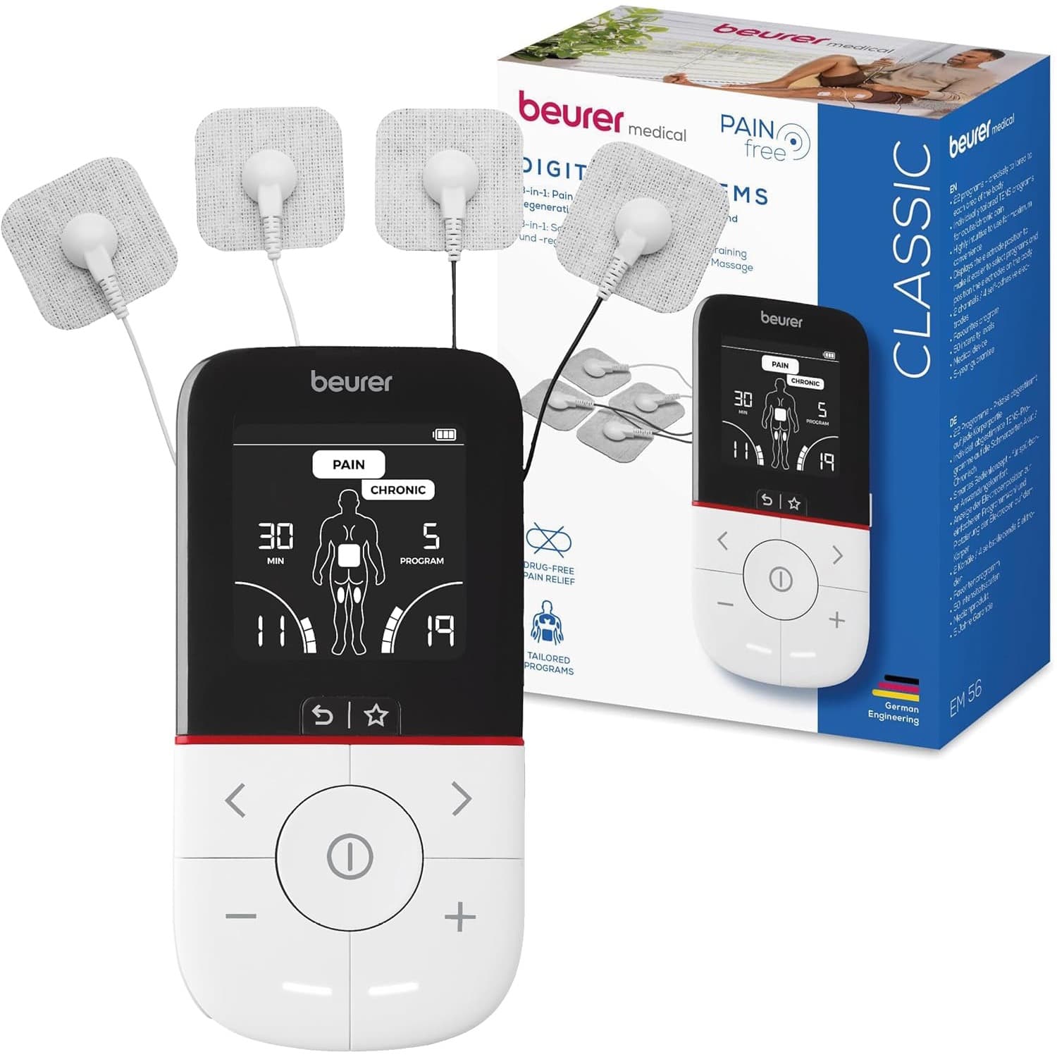 Weiß-schwarzes Beurer-Handgerät mit Display, vier angeschlossene Elektrodenpads und die Verpackung im Hintergrund