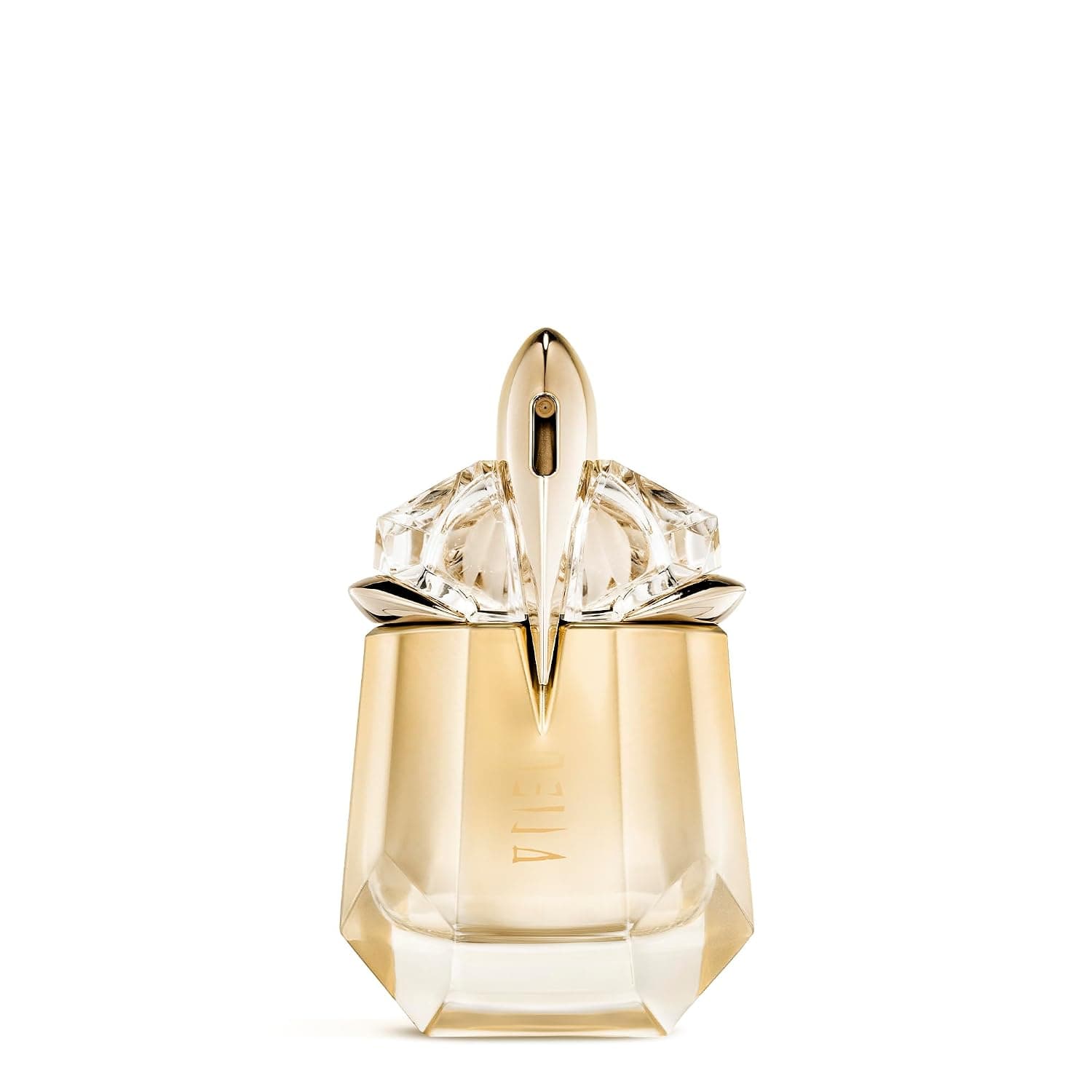 Goldener facettierter Flakon Mugler Alien Goddess mit klarem Kristallaufsatz und schmaler goldener Spitze vor weißem Hintergrund
