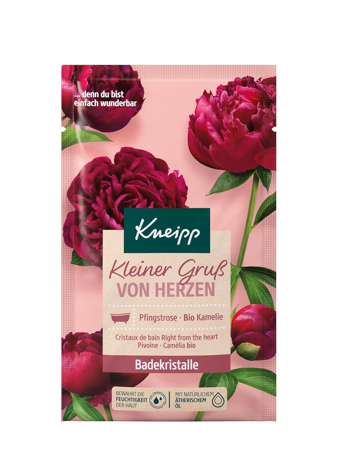 Rosafarbene Verpackung der Kneipp Badekristalle Kleiner Gruß von Herzen mit dunkelroten Pfingstrosenblüten und dem Hinweis Pfingstrose und Bio Kamelie