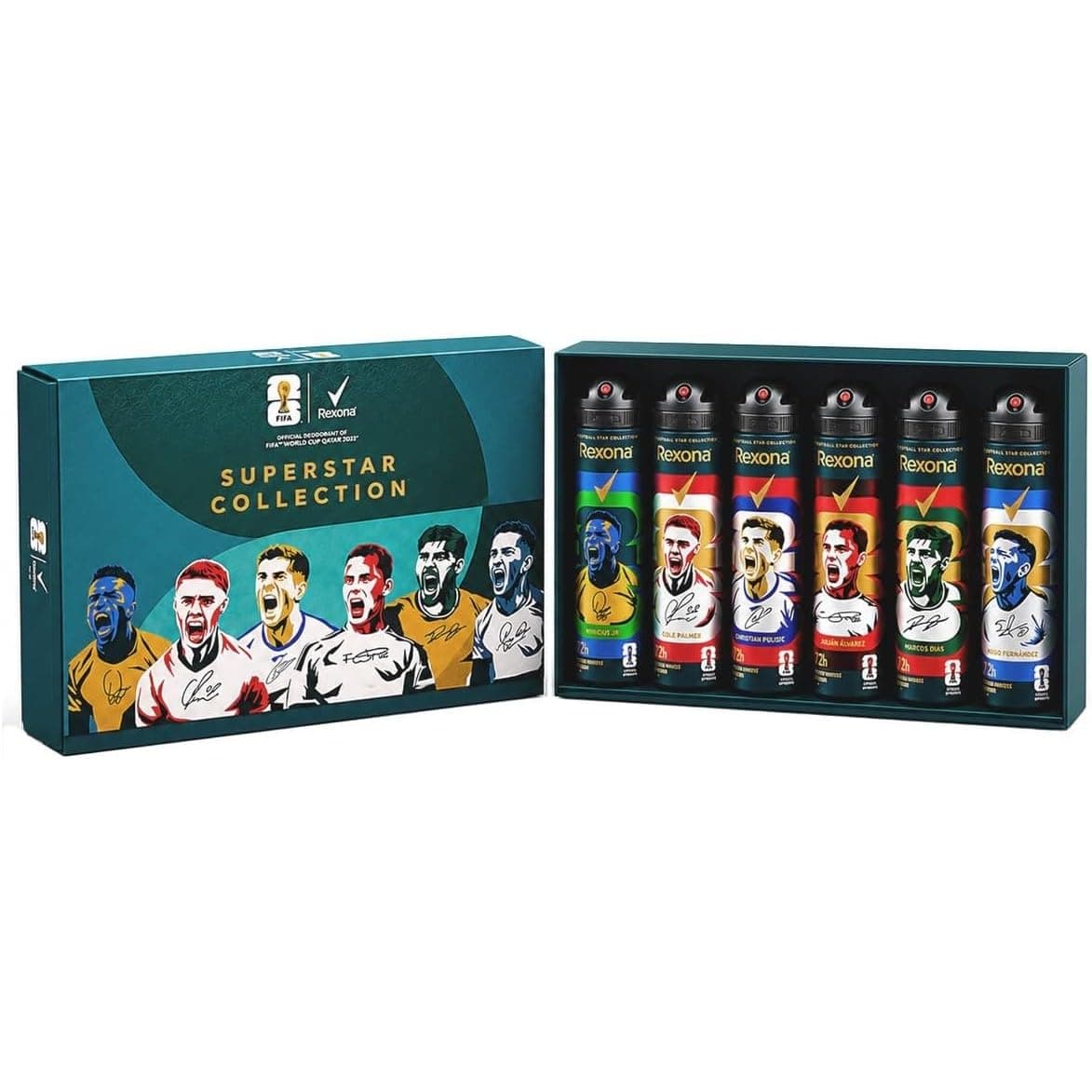 Geöffnete Rexona-Geschenkbox mit sechs Deo-Dosen, jede mit einer Fußballer-Grafik bedruckt