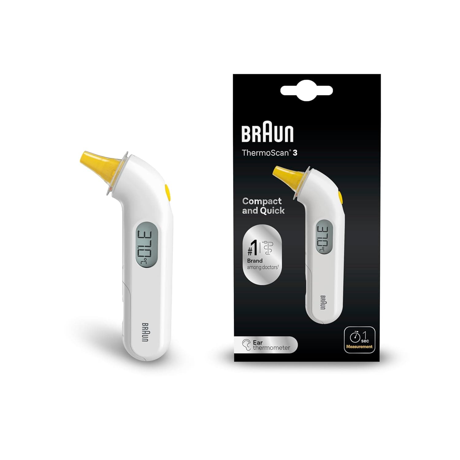 Weißes Braun ThermoScan 3 Ohrthermometer mit gelber Messspitze, gelbem Knopf und einer Temperaturanzeige auf dem grauen Display, daneben die schwarze Verpackung mit derselben Abbildung