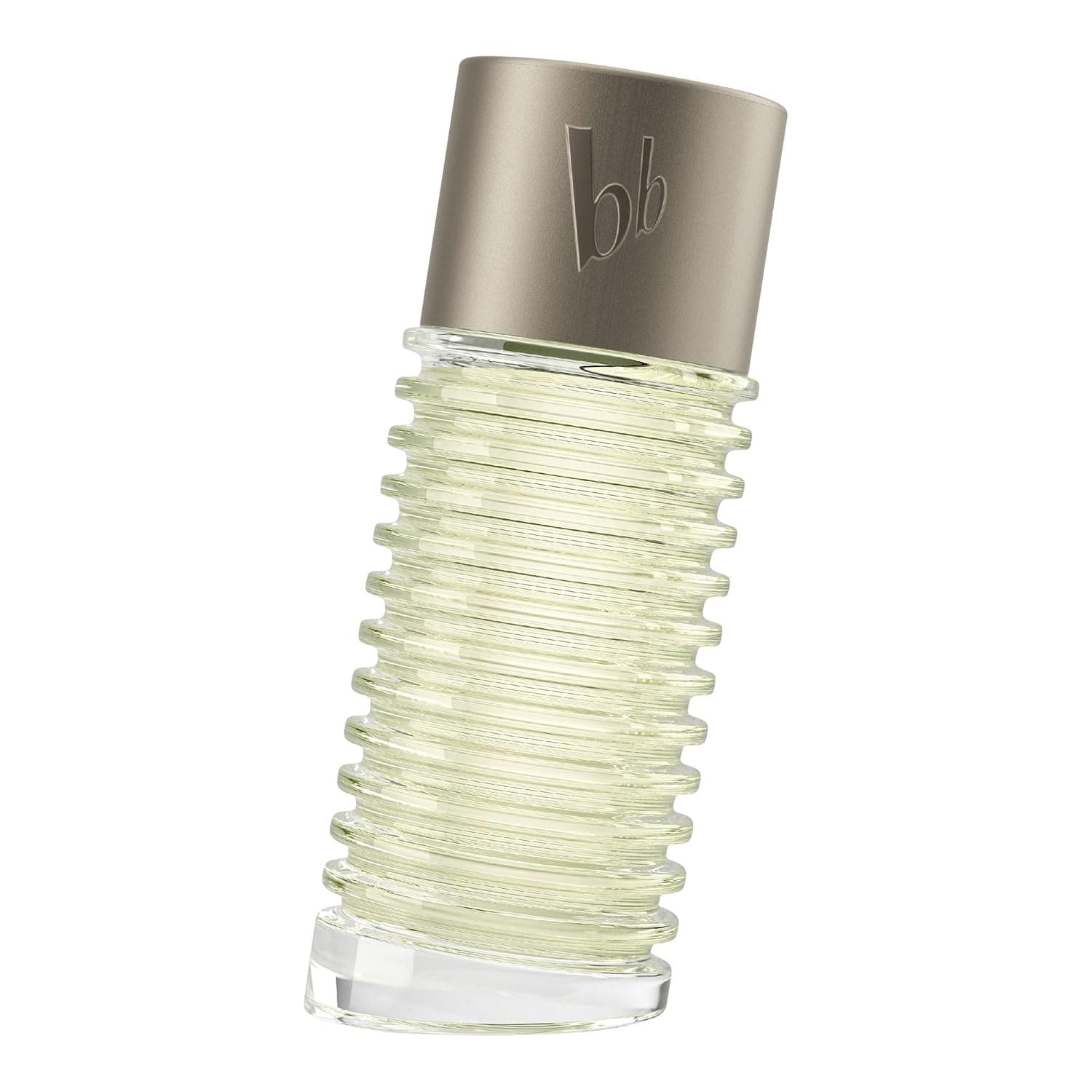 Flakon des bruno banani Man Eau de Toilette, geriffeltes Klarglas mit hellgelbem Duft und schräg geschnittener Kappe in mattem Graubraun mit eingeprägtem bb-Logo, 100 Milliliter