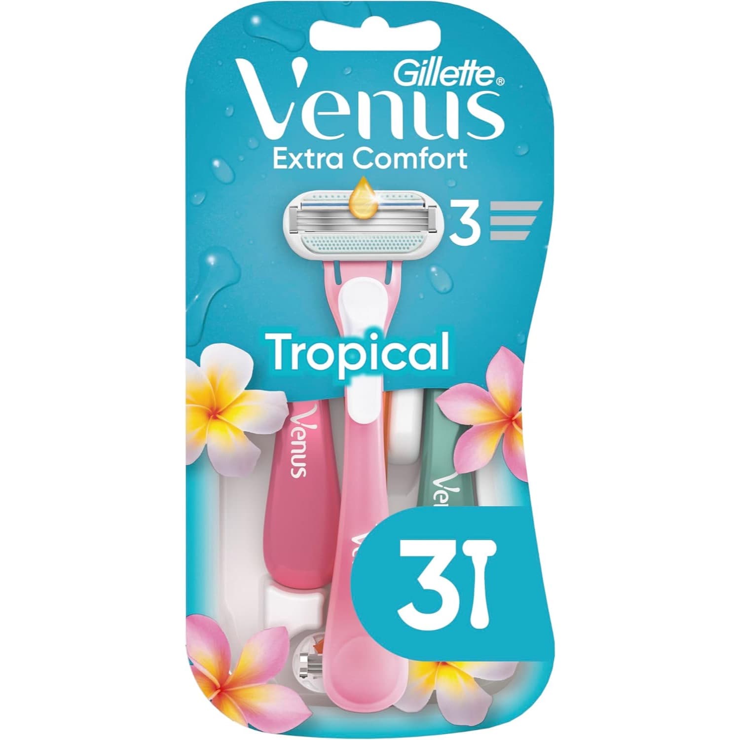 Türkise Blisterkarte mit drei Damenrasierern in Rosa, Grün und Weiß, dazu gemalte Hibiskusblüten, eine große Zahl 3 und der Schriftzug Gillette Venus Extra Comfort Tropical