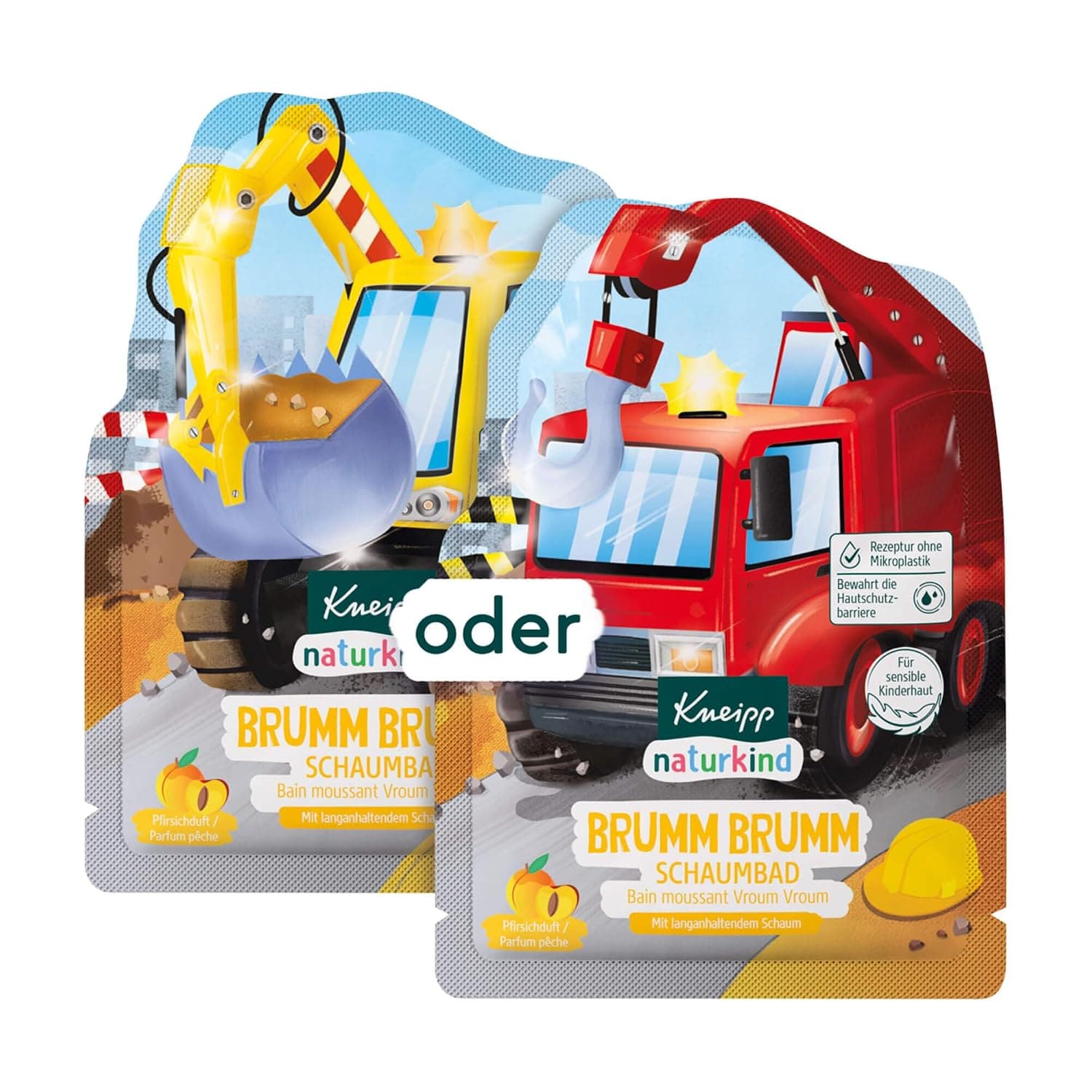 Zwei Beutel Kneipp naturkind Schaumbad Brumm Brumm nebeneinander, einer mit gelbem Bagger, einer mit rotem Kranwagen