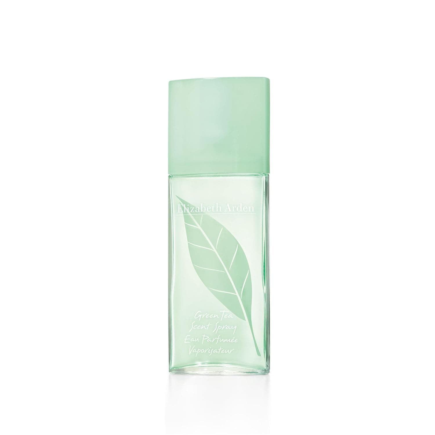 Rechteckige Glasflasche mit hellgrünem Inhalt, mintgrünem Deckel und einem großen Blattmotiv, Aufschrift Elizabeth Arden, Green Tea, Scent Spray, Eau Parfumée Vaporisateur