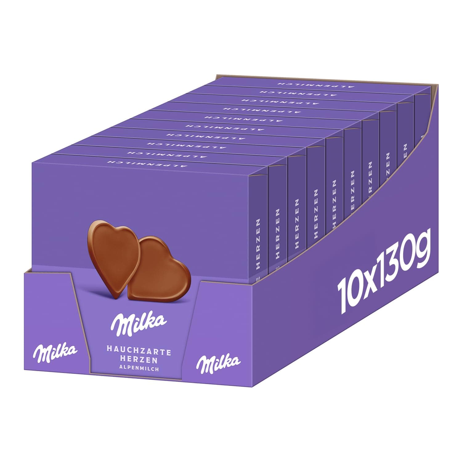 Aufgerissener lila Umkarton mit zehn stehenden Milka-Packungen, davor zwei herzförmige Schokoladenstücke und die Angabe 10x130g