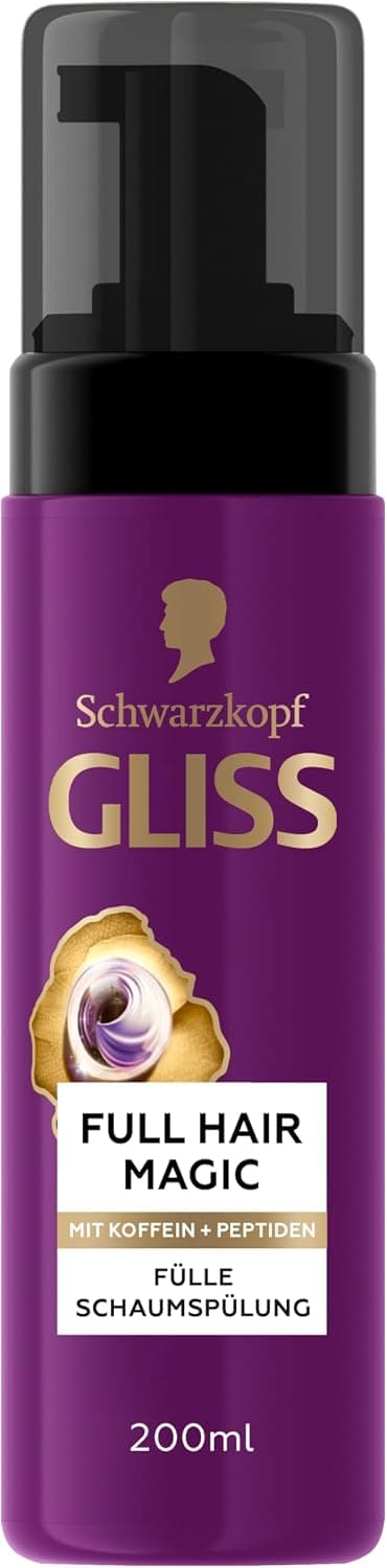 Violette Pumpflasche der Schwarzkopf Gliss Full Hair Magic Schaumspülung mit schwarzem Spender und goldener Aufschrift