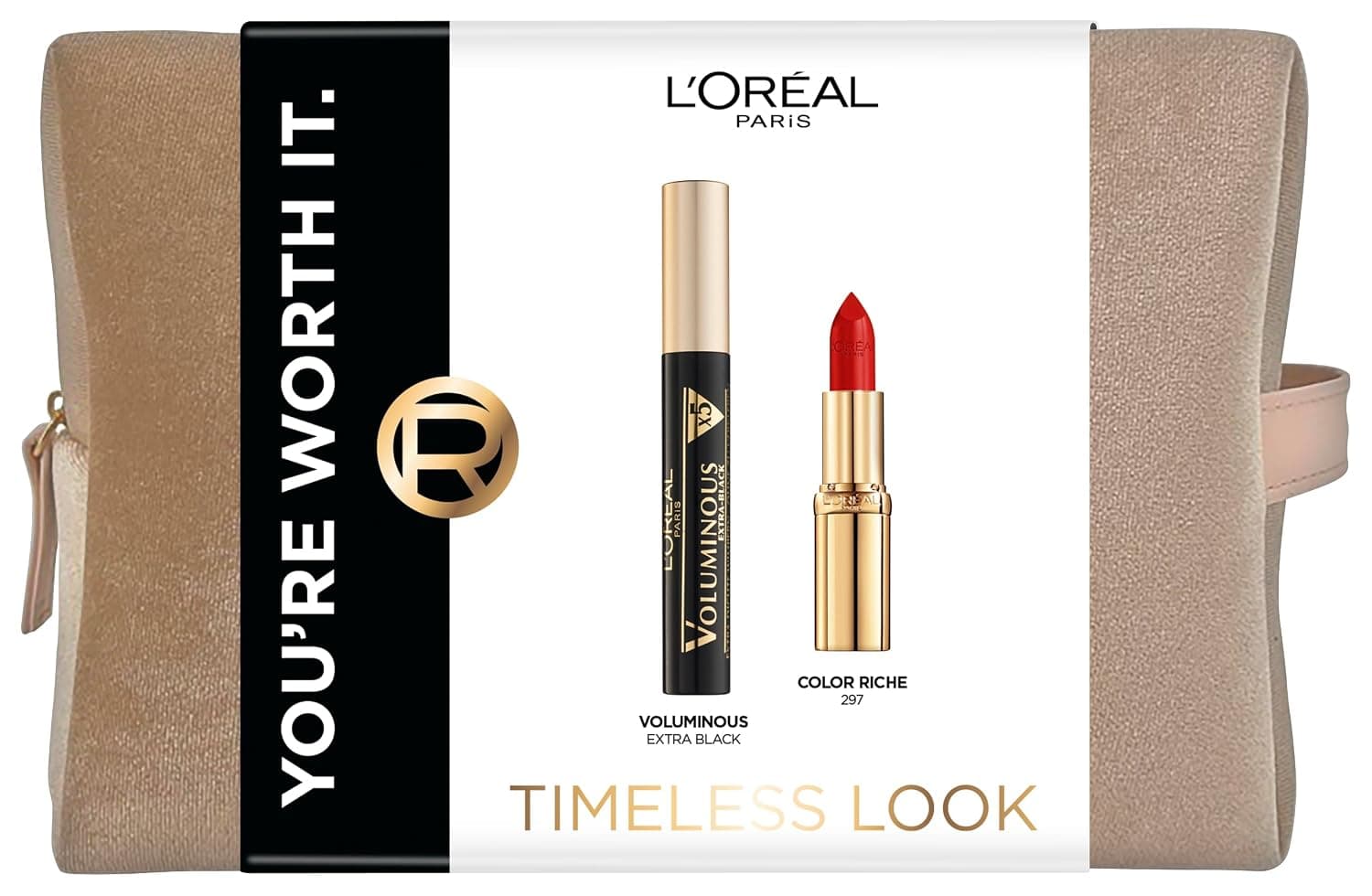 Verpackung des L'Oréal Paris Timeless Look Sets mit Voluminous Mascara, rotem Color Riche Lippenstift und champagnerfarbener Kosmetiktasche