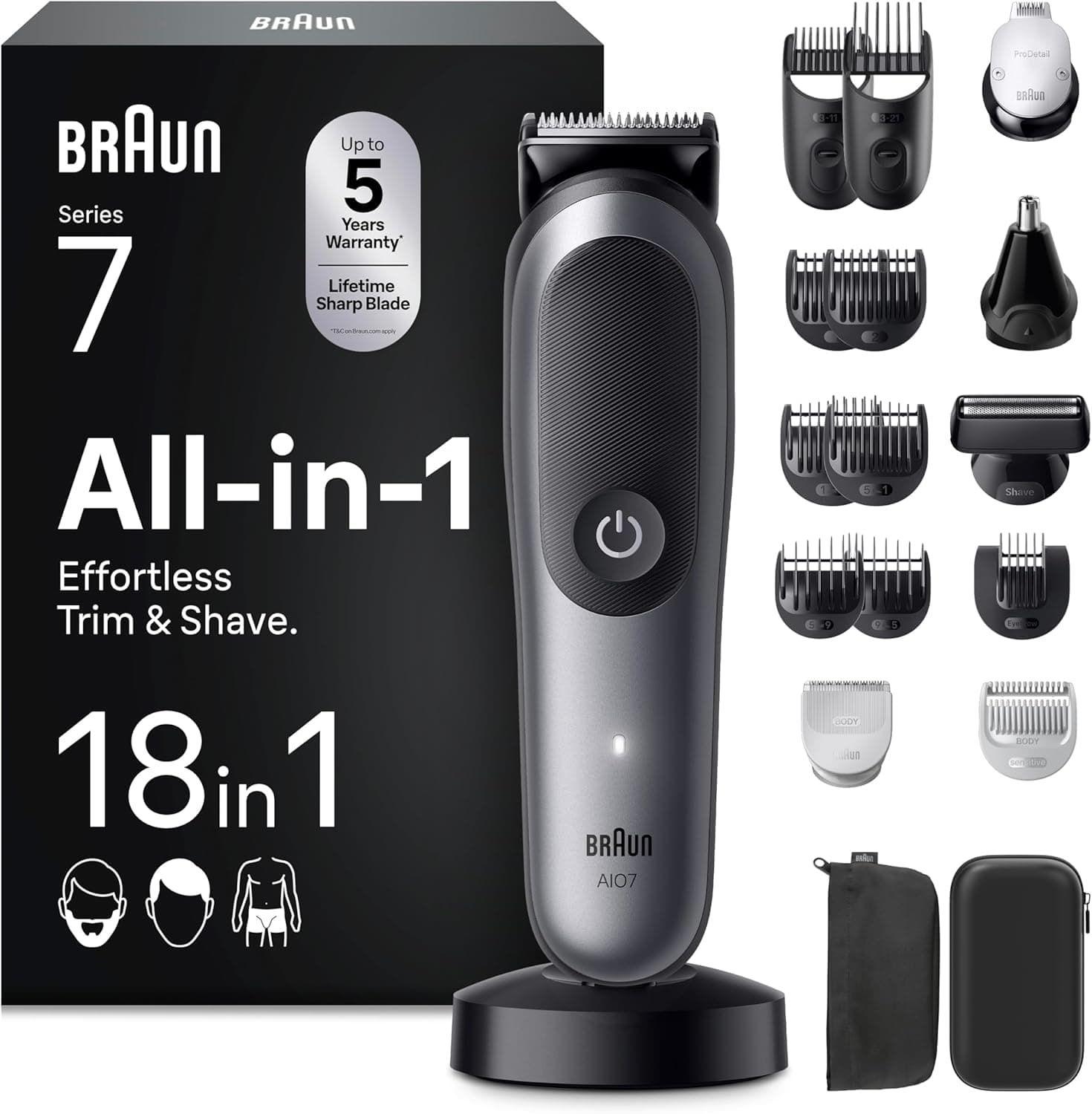 Braun Multigroom Series 7 Trimmer in Grau mit Ladestation, Verpackung und den achtzehn Aufsätzen