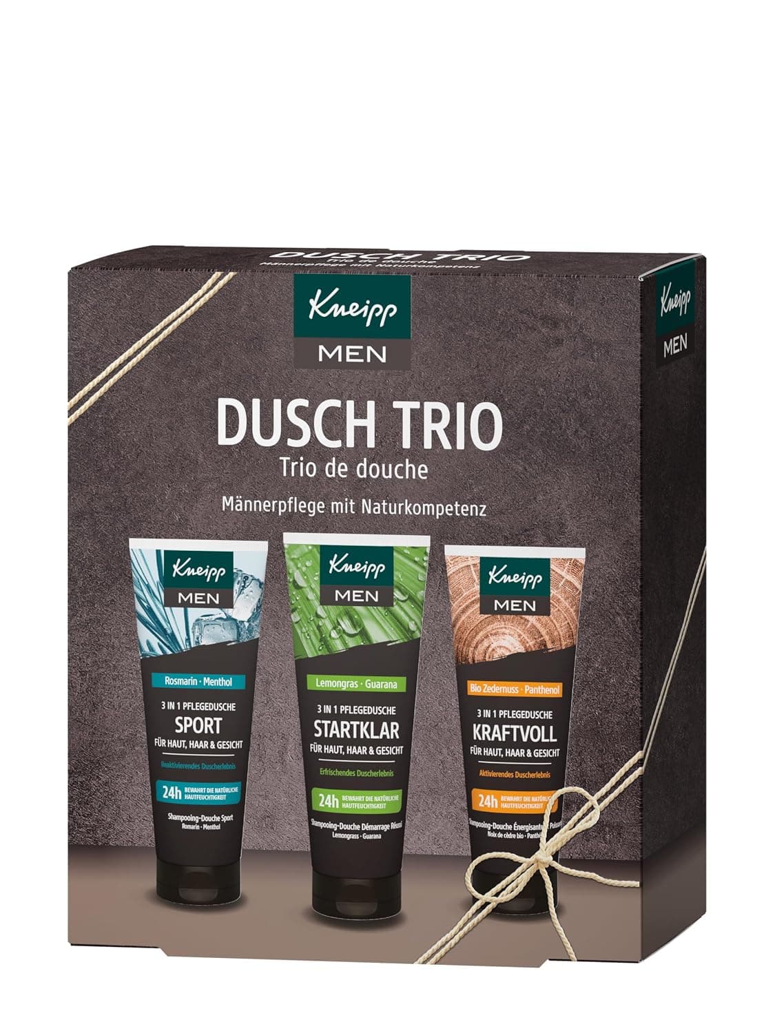 Dunkelbrauner Geschenkkarton mit der Aufschrift Kneipp MEN Dusch Trio und einer hellen Kordel, davor drei schwarze Tuben mit den Namen Sport, Startklar und Kraftvoll, jede mit dem Vermerk 3 in 1 Pflegedusche für Haut, Haar und Gesicht