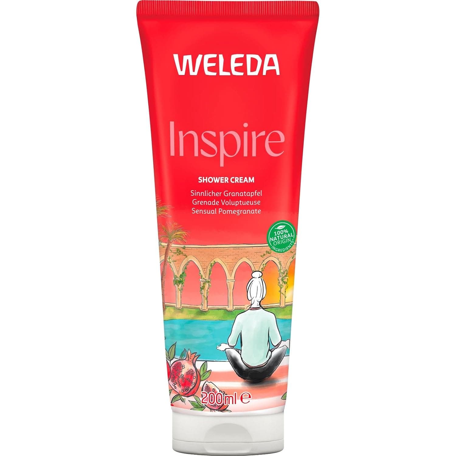 Rote Weleda Tube Inspire Shower Cream mit Granatapfel-Illustration und einer meditierenden Person vor einem Aquädukt, 200 Milliliter