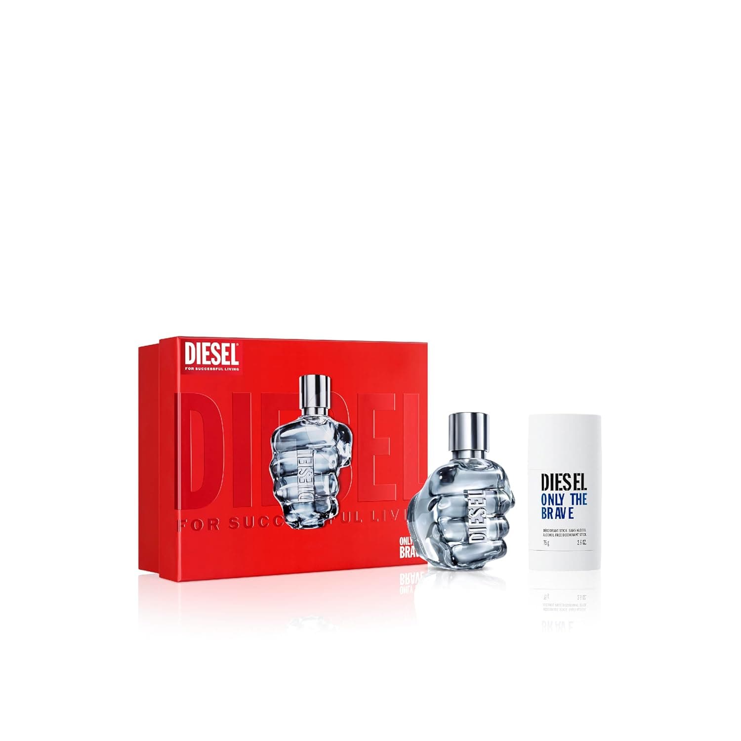 Rote Geschenkschachtel von Diesel Only The Brave mit dem faustförmigen Flakon und einem weißen Deo Stick daneben