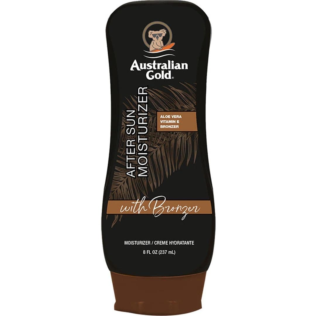 Schwarze Flasche mit braunem Standfuß, oben das Logo mit dem Koala auf dem Surfbrett, darauf die Aufschriften After Sun Moisturizer und with Bronzer sowie Aloe Vera, Vitamin E und Bronzer, unten auf der Flasche die Angabe 8 FL OZ und 237 mL