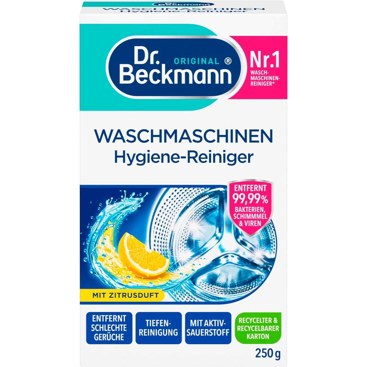 Weiß-türkise Faltschachtel mit Dr.-Beckmann-Logo, den Zeilen Waschmaschinen Hygiene-Reiniger und mit Zitrusduft, einer aufgeschnittenen Zitrone vor einer Waschtrommel und der Angabe 250 g