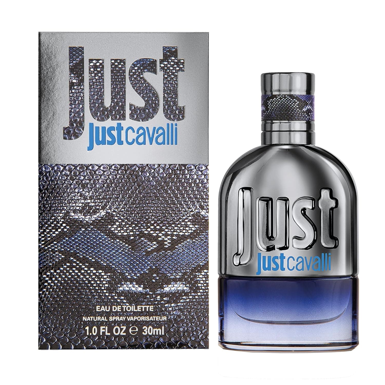 Silberne Flasche Just Cavalli Eau de Toilette mit blauem Boden, daneben die Verpackung in Schlangenoptik