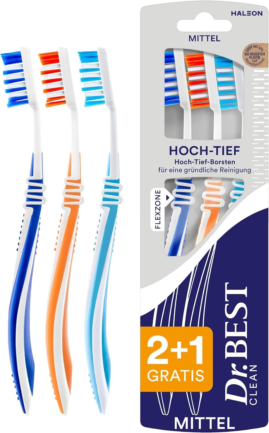 Dr.BEST Hoch-Tief Zahnbürste mittel, Dreierpack in Blau, Orange und Hellblau
