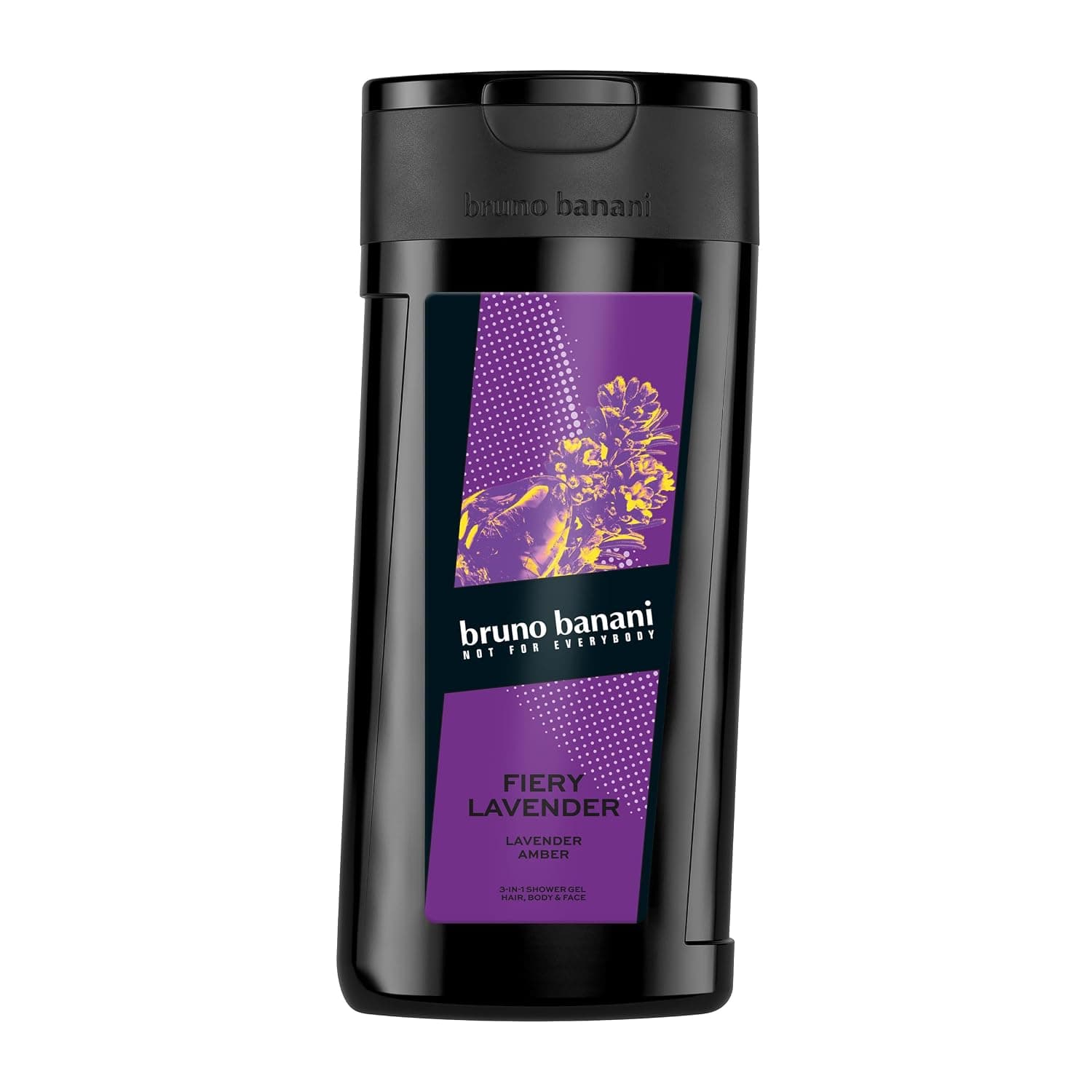 Schwarze Duschgelflasche mit Klappdeckel und violettem Etikett, darauf Lavendelblüten, der Schriftzug bruno banani, not for everybody, Fiery Lavender, Lavender Amber und die Zeile 3-in-1 Shower Gel Hair, Body and Face