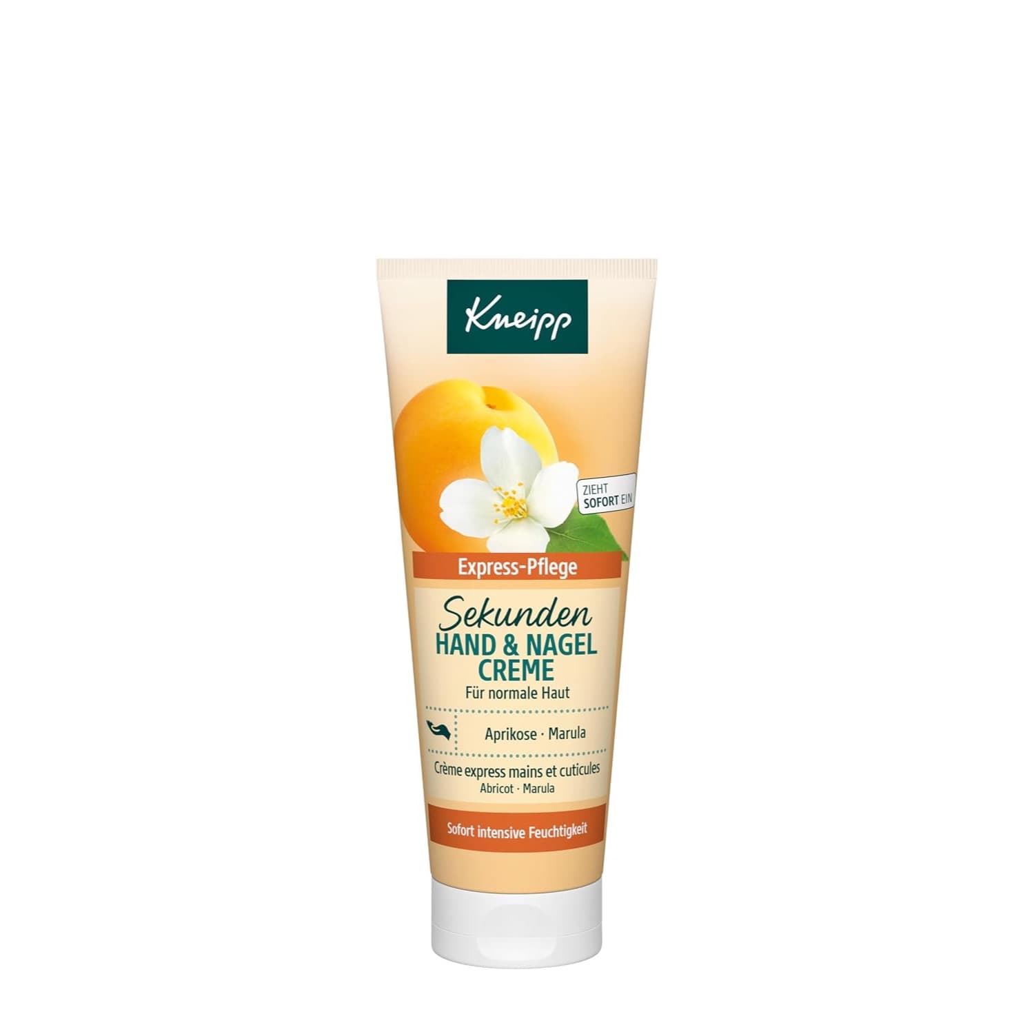 Apricotfarbene Tube mit grünem Kneipp-Logo, aufgedruckter Aprikose und weißer Blüte, den Zeilen Express-Pflege, Sekunden Hand und Nagel Creme, für normale Haut, Aprikose und Marula