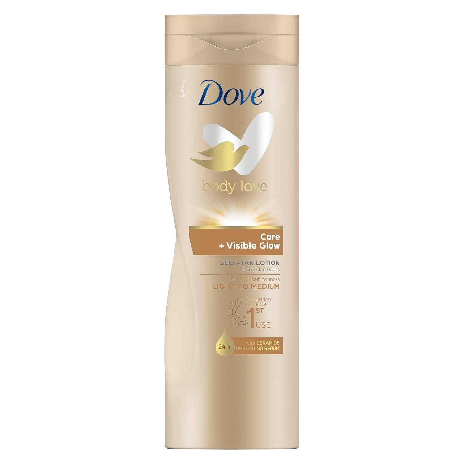 Beigefarbene Flasche der Dove Body Love Care und Visible Glow Selbstbräuner-Lotion mit goldenem Dove-Logo, 400 Milliliter