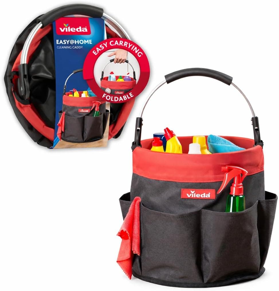 Vileda Cleaning Caddy, runde Putztasche in Schwarz und Rot mit Metallbügel und sechs Außenfächern, gefüllt mit Sprühflaschen und Tüchern
