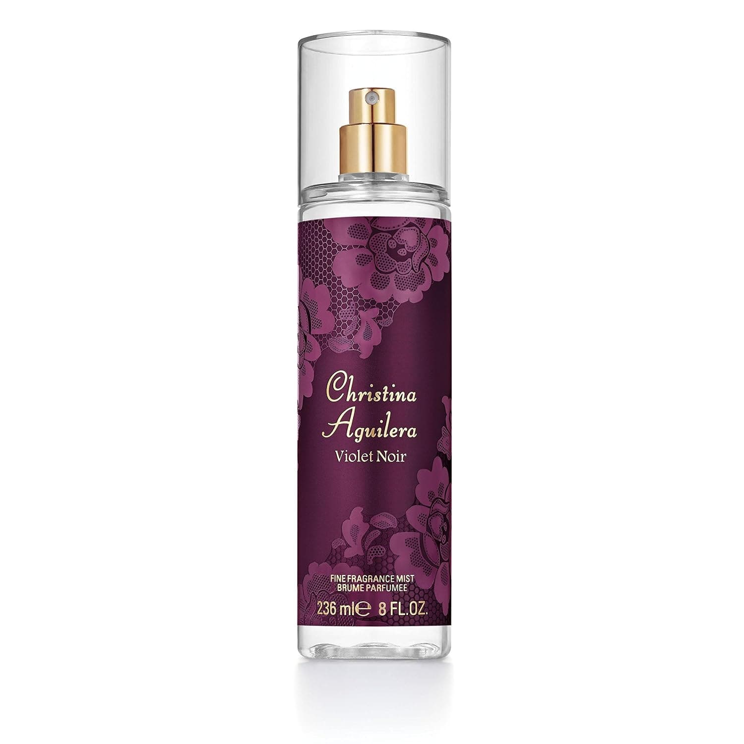 Schlanke Sprühflasche mit goldfarbener Pumpe und dunkelviolettem Etikett mit Blütenmuster, Aufschrift Christina Aguilera, Violet Noir, Fine Fragrance Mist und 236 ml