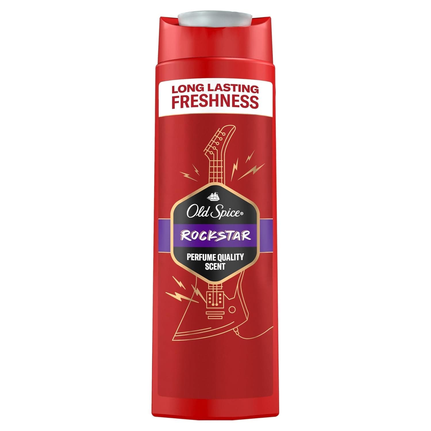 Rote Flasche des Old Spice Rockstar 3-in-1 Duschgels mit Gitarren-Motiv, 400 Milliliter