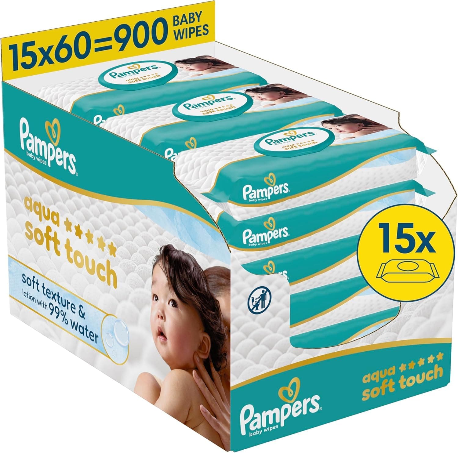 Geöffneter Vorratskarton mit 15 Päckchen Pampers Aqua Soft Touch Baby-Feuchttüchern, zusammen 900 Stück