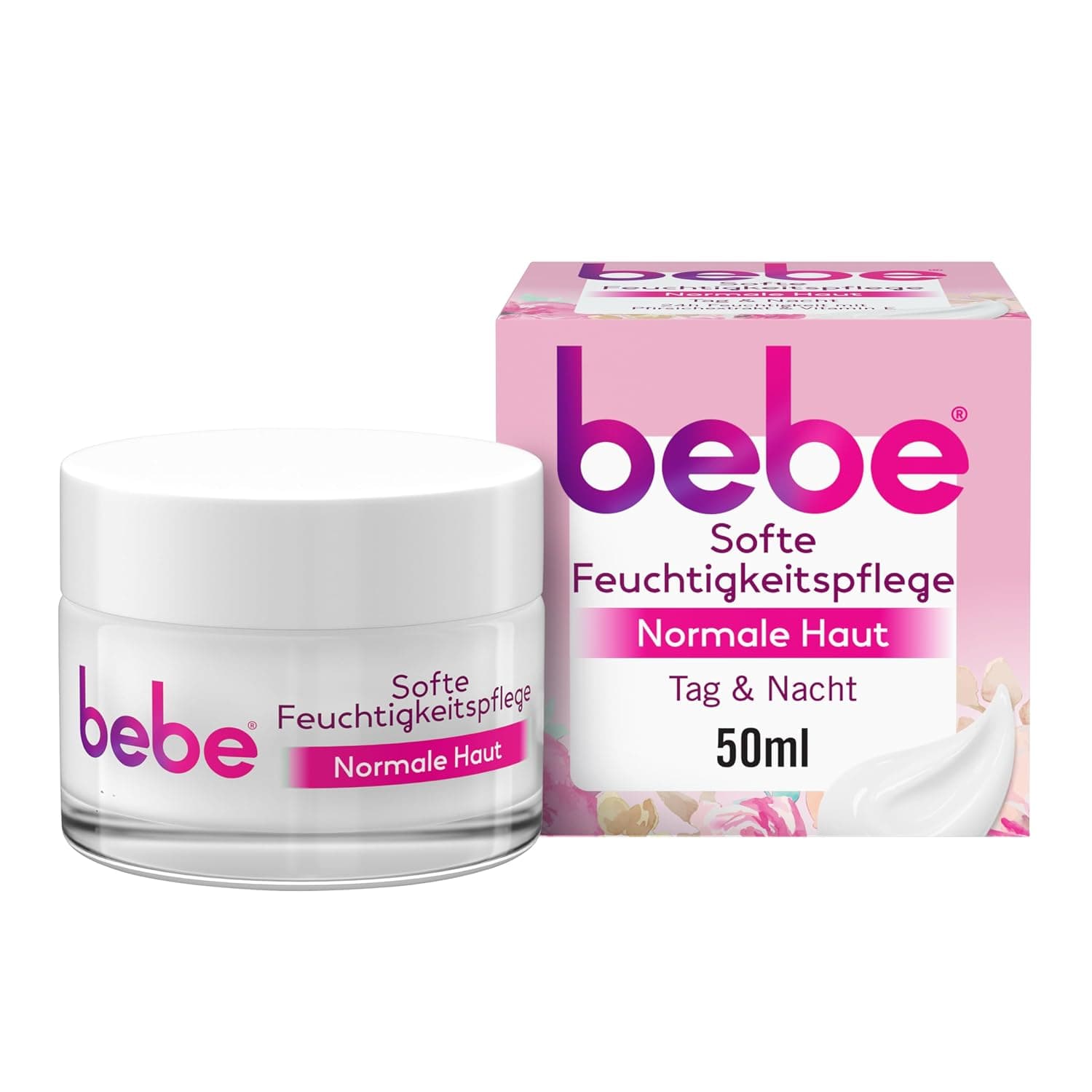 Weißer Tiegel bebe Softe Feuchtigkeitspflege neben der pinkfarbenen Faltschachtel mit der Aufschrift Normale Haut, Tag und Nacht