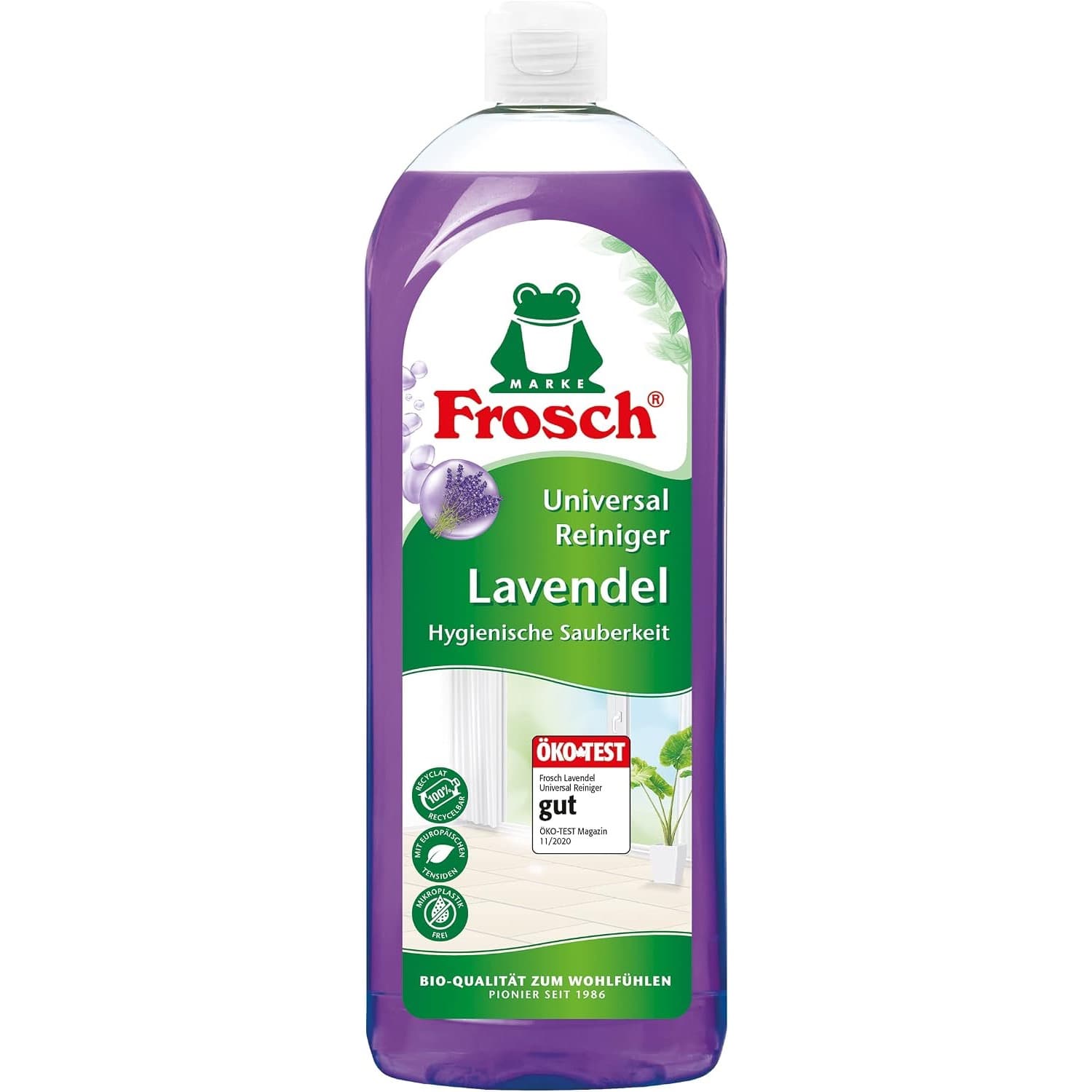 Schlanke Frosch-Flasche mit violetter Flüssigkeit und grünem Etikett, darauf das Frosch-Logo und die Aufschrift Universal Reiniger Lavendel