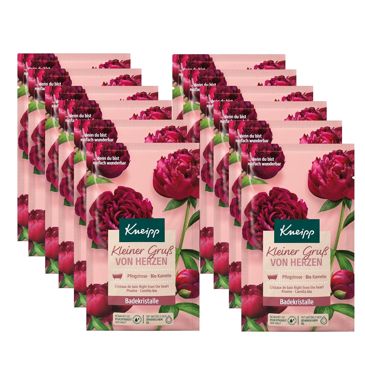 Zwölf rosafarbene Beutel mit dunkelroten Pfingstrosen, Aufschrift Kneipp, Kleiner Gruß von Herzen, Pfingstrose und Bio Kamelie, Badekristalle