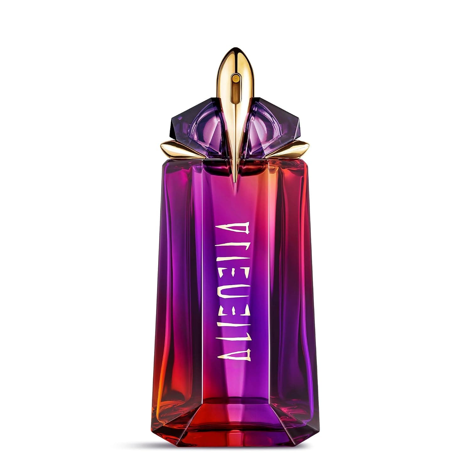 Facettierter Flakon mit Farbverlauf von Violett nach Rot, goldener Verschluss in Form eines spitzen Kegels, senkrechter goldener Schriftzug Alien