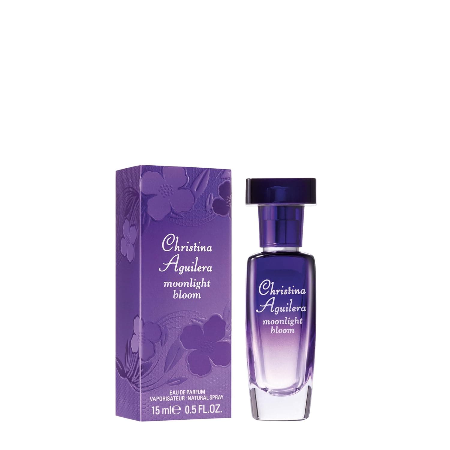 Violette Faltschachtel mit geprägten Blüten und der Aufschrift Christina Aguilera moonlight bloom, daneben der schmale Flakon mit dunklem Deckel und violettem Farbverlauf nach unten ins Helle