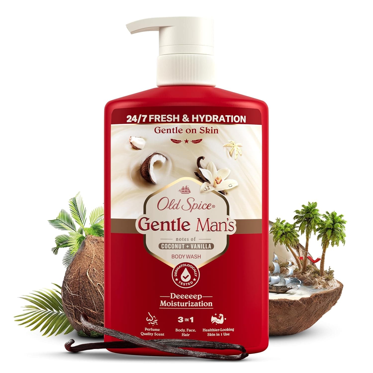 Rote Old-Spice-Pumpflasche mit cremefarbenem Verschluss, der Aufschrift Gentle Man's, Coconut und Vanilla, daneben eine Kokosnuss und eine Vanilleschote