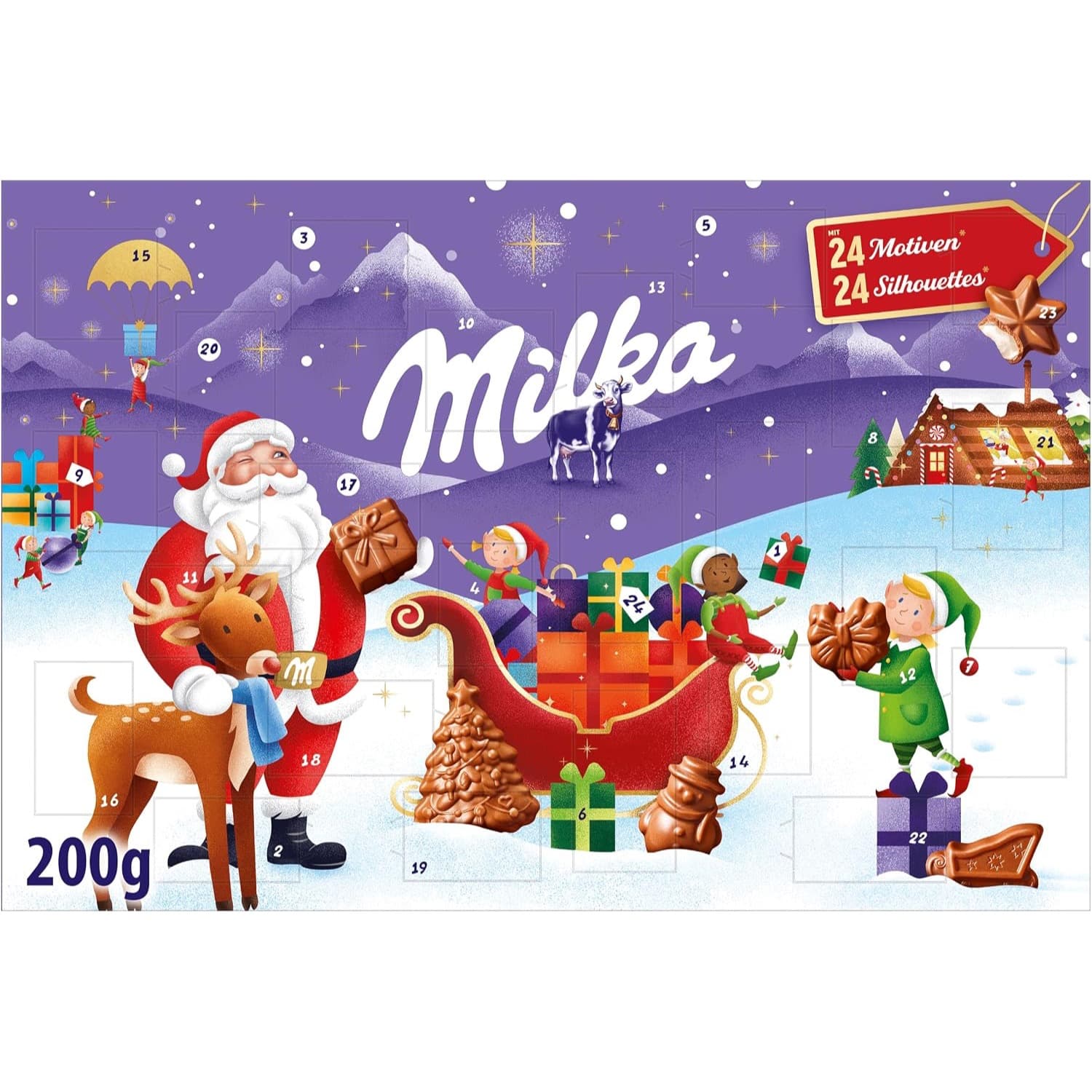 Lila Adventskalender mit Weihnachtsmann, Rentier, Elfen und Schlitten, 24 nummerierte Türchen, Aufschrift Milka und 200 g