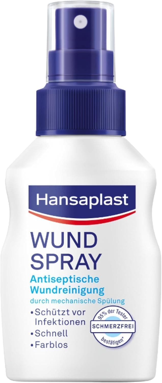 Weiße Sprühflasche Hansaplast Wundspray mit dunkelblauem Pumpkopf und der Aufschrift Antiseptische Wundreinigung