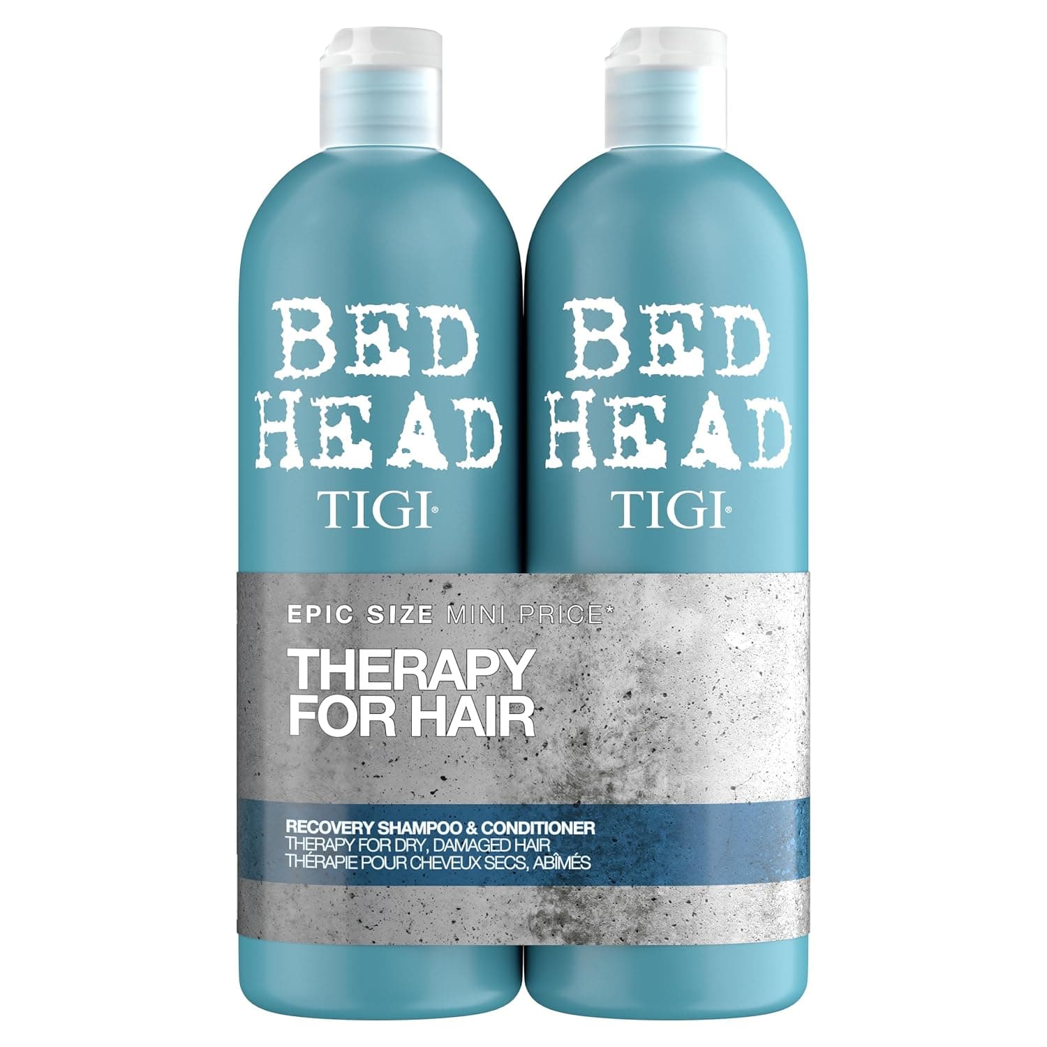 Zwei türkisblaue Flaschen Bed Head von TIGI nebeneinander, verbunden durch eine graue Banderole mit der Aufschrift Therapy for Hair, Recovery Shampoo und Conditioner, je 750 Milliliter