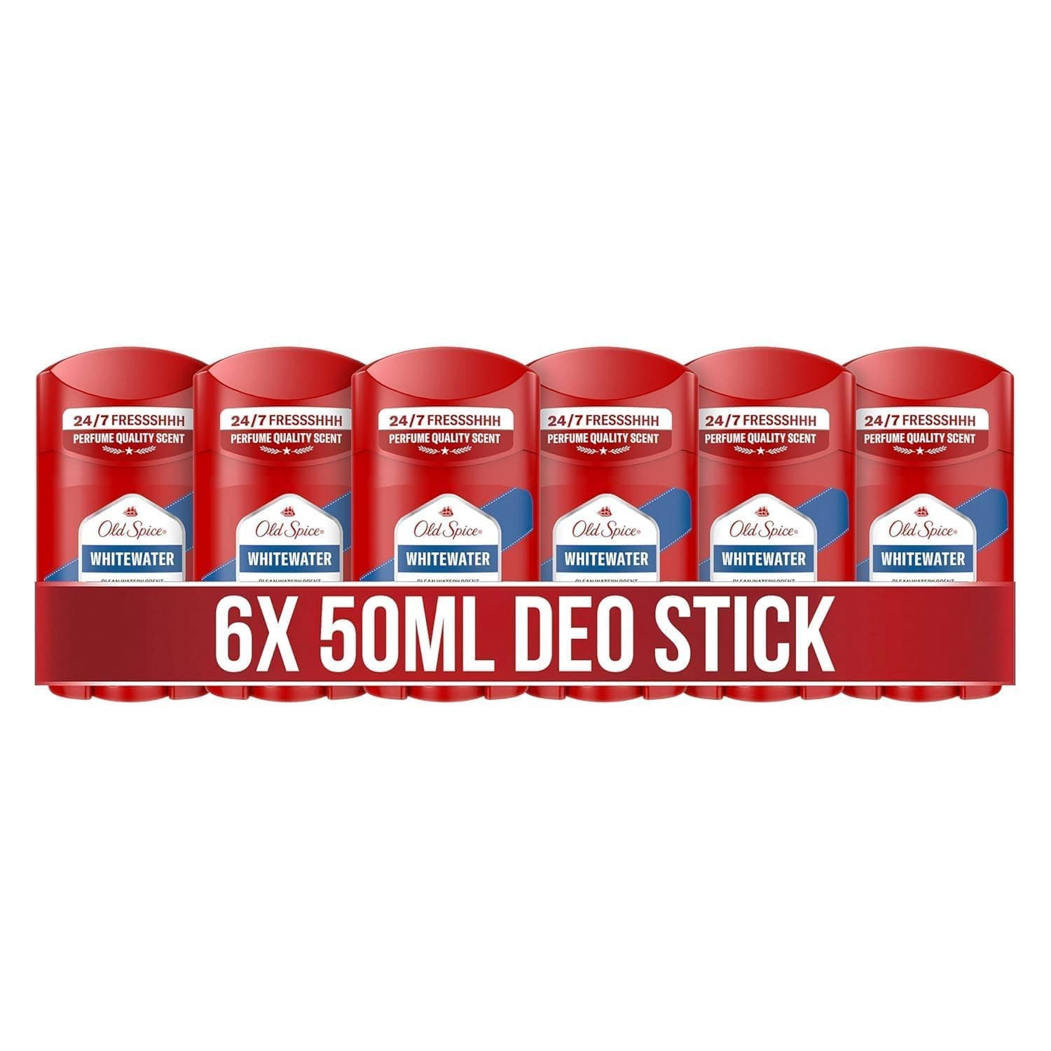 Sechs rote Old-Spice-Deosticks mit blauem Whitewater-Etikett nebeneinander, darunter ein roter Balken mit der Aufschrift 6x 50ml Deo Stick