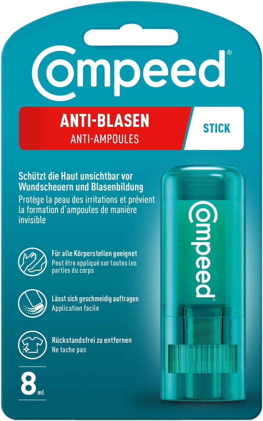 Türkisfarbene Compeed-Blisterkarte mit rotem Feld und der Aufschrift Anti-Blasen Stick, rechts der grün-transparente Drehstift, unten links groß die Angabe 8 ml