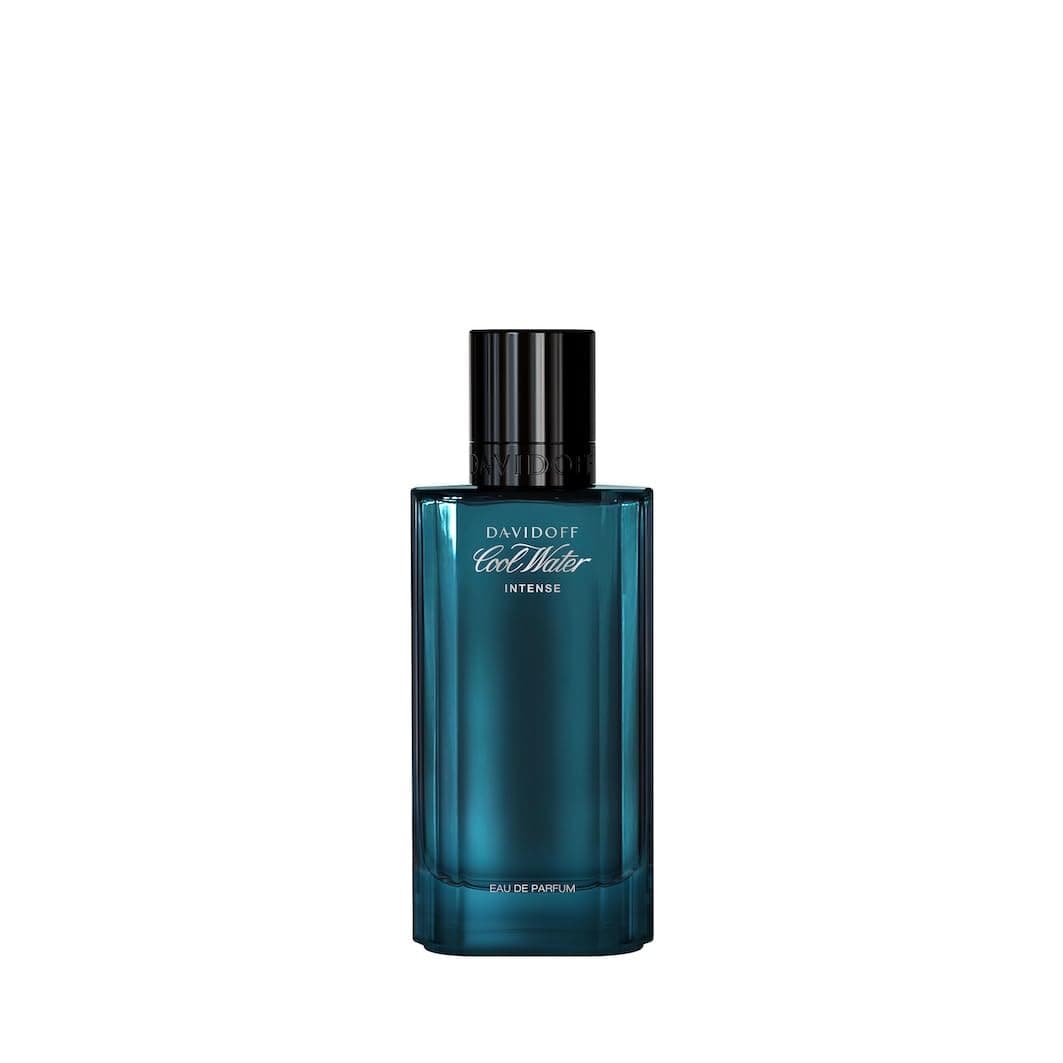 Blauer Flakon mit schwarzem, gerilltem Verschluss, weißer Schriftzug Davidoff Cool Water Intense und unten die Zeile Eau de Parfum