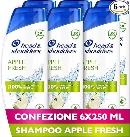 Sechs weiß-blaue Flaschen Head and Shoulders Apple Fresh in zwei Reihen, auf den Etiketten ein grüner Apfel und italienische Aufschriften, unten ein pinkfarbenes Band mit der Angabe Confezione 6x250 ml und Shampoo Apple Fresh