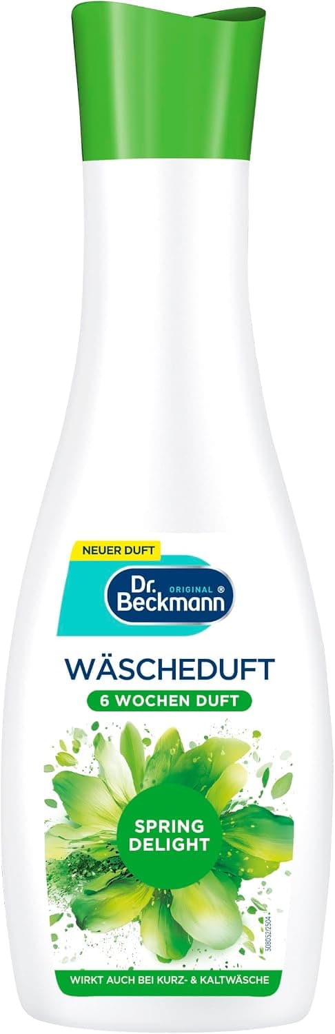 Weiße Flasche des Dr. Beckmann Wäscheduft Spring Delight mit grünem Deckel und grünem Blütenmotiv